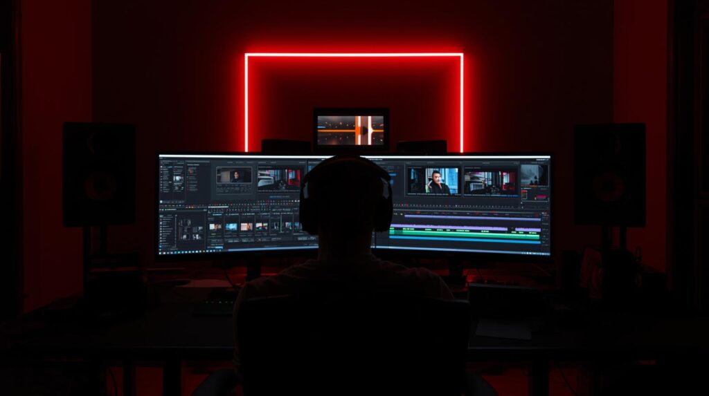 Video kurgu ve renk düzenleme yapılan post prodüksiyon ekranı
