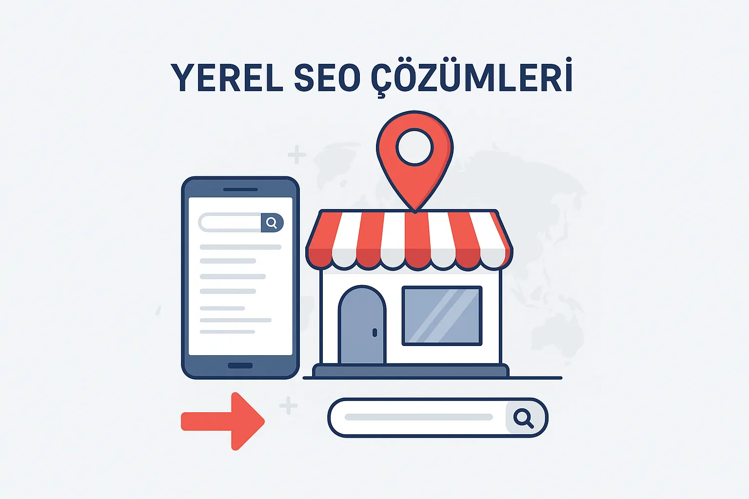 Harita üzerinde yerel işletme konumlarını gösteren yerel SEO illüstrasyonu