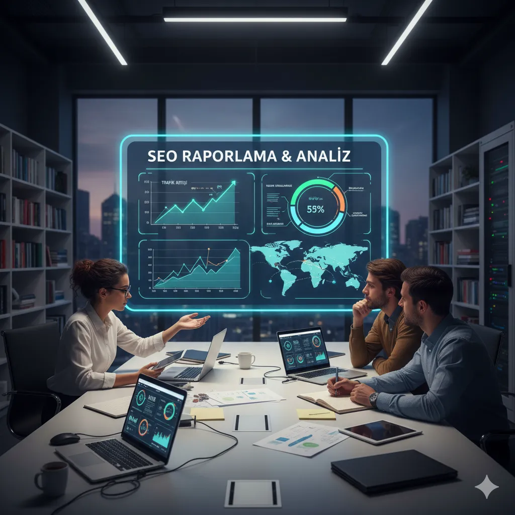 SEO raporlama ve analiz toplantısında dijital pazarlama verilerini inceleyen ekip